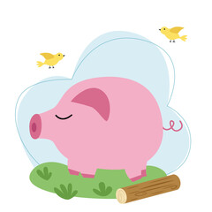 Vector illustration with a pink pig on a background of sky and grass in flat style.