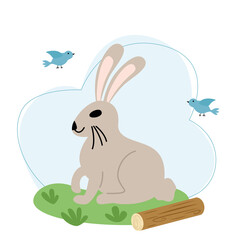 Vector illustration with a gray hare and a rabbit on a background of sky and grass in flat style.