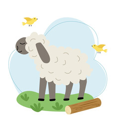 Vector illustration with a curly lamb against the sky and grass in the style of flat.