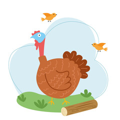 Vector illustration with a brown turkey on a background of sky and grass in flat style.