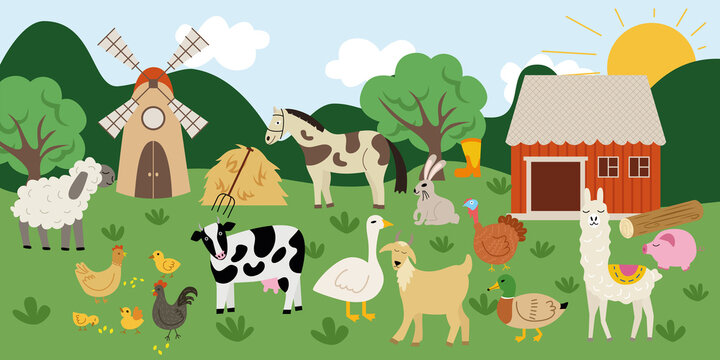 Llama, ram, sheep, cow, pig, horse, goat, duck, hare, rabbit, chicken, chickens, rooster, goose in a village on a farm with a mill, pitchfork, house, haystack, tree
