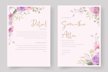 Fototapeta na wymiar Beautiful wedding invitation card template with rose and leaf decoration