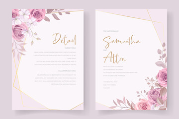 Beautiful wedding invitation card template with rose and leaf decoration