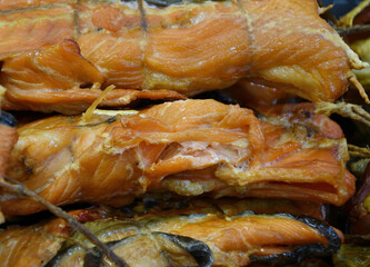 Ridges of wild Pacific Chinook salmon (Latin. Oncorhynchus tshawytscha) hot smoked