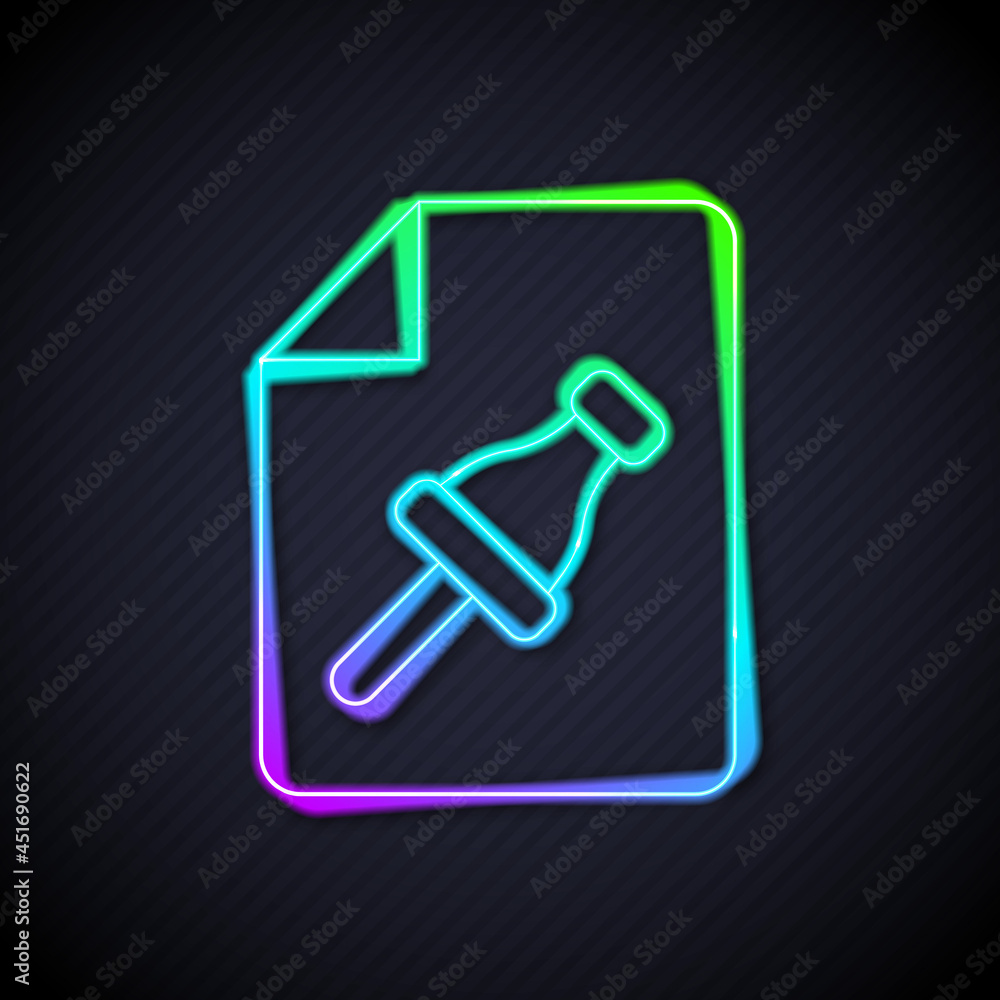 Aufkleber glowing neon line note paper with pinned pushbutton icon isolated on black background. memo paper si