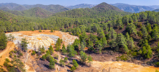 Aerial panorama of abandoned pyrite and gold mine in Paphos forest, Cyprus