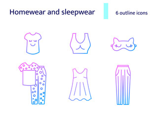 Comfy clothes outline icons set. Homewear and sleepwear. Comfortable tissue. Isolated vector stock illustration