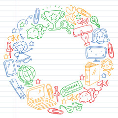 Vector pattern. School and online education. Little boys and girls play and grow together. Online education.