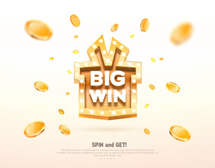 Big win prize gift box with golden retro board sign vector illustration. Winning celebration with coins explosion on light background
