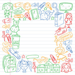 Vector pattern. School and online education. Little boys and girls play and grow together. Online education.