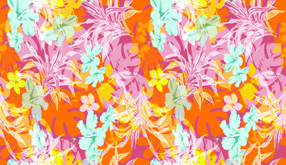 Beach vector seamless pattern. Tropical leaves. Jungle foliage illustration. Exotic plants. Summer beach floral design. Paradise nature 