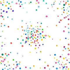 Watercolor confetti on white background. Actual rainbow colored dots. Happy celebration square colorful bright card. Energetic hand painted confetti.