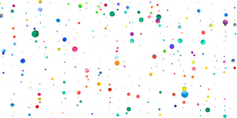 Watercolor confetti on white background. Alive rainbow colored dots. Happy celebration wide colorful bright card. Perfect hand painted confetti.