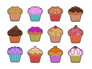 Decorated Cupcakes Icon Set Vector. Decorated Muffins. Cupcake Isolated Set Icon. Muffin On White Background