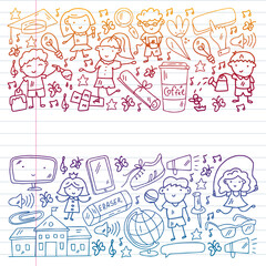 Vector pattern. School and online education. Little boys and girls play and grow together. Online education.