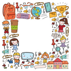 Vector pattern. School and online education. Little boys and girls play and grow together. Online education.