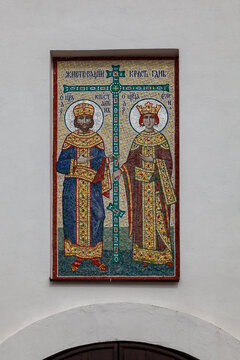 Mosaic icon of Tsar Constantine and Tsarina Helena on the wall of an Orthodox church