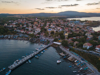 Fototapeta na wymiar Aerial sunset panorama town of Ahtopol, Bulgaria