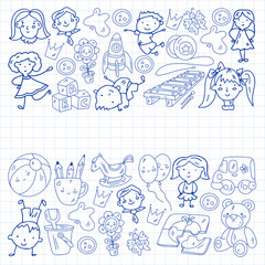 Fototapeta premium School, kindergarten with cute vector children. Dancing, singing, painting, online education. Creativity and imagination.