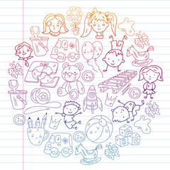 School, kindergarten with cute vector children. Dancing, singing, painting, online education. Creativity and imagination.