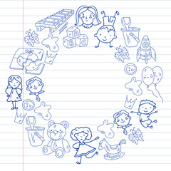 School, kindergarten with cute vector children. Dancing, singing, painting, online education. Creativity and imagination.