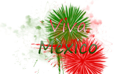 Fuegos artificiales en color verde, blanco y rojo, día de la independencia, 16 de septiembre,  viva México, imagen con fondo blanco.