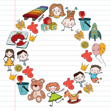 School, kindergarten with cute vector children. Dancing, singing, painting, online education. Creativity and imagination.