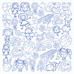 School, kindergarten with cute vector children. Dancing, singing, painting, online education. Creativity and imagination.