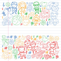 School, kindergarten with cute vector children. Dancing, singing, painting, online education. Creativity and imagination.