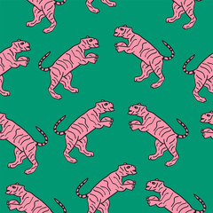 Pink tigers on green background, wild cat animals silhouette, seamless pattern, vector