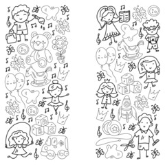 School, kindergarten with cute vector children. Dancing, singing, painting, online education. Creativity and imagination.