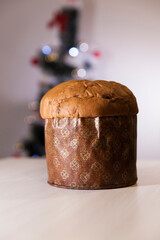 Panettone with blurry Christmas lights blinking in the background. Panettone concept. Christmas concept.
