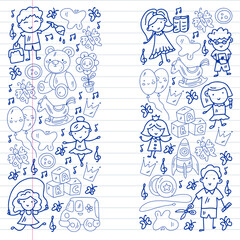 School, kindergarten with cute vector children. Dancing, singing, painting, online education. Creativity and imagination.