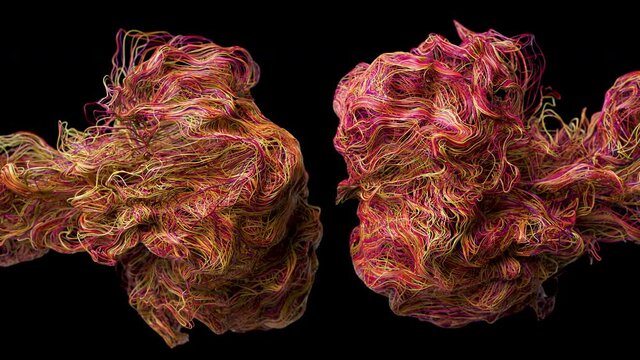 Explosion of colorful Splines. Turbulent flowing wavy fibers, wires. Blast of Abstract vibrant Hair. 