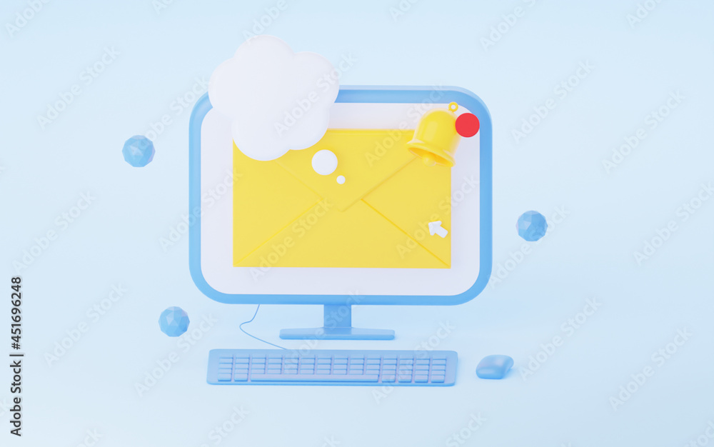 Poster notification envelope in computer. 3d rendering.