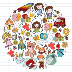 School, kindergarten with cute vector children. Dancing, singing, painting, online education. Creativity and imagination.