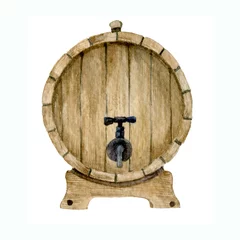 Fotobehang Watercolor illustration of wooden Beer Barrel for Octoberfest. Hand drawn sketch for October fest on white isolated background. Storage of ale or wine © Alisles