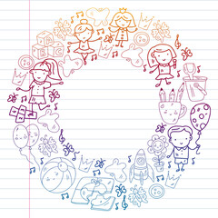 Vector pattern. Kindergarten and toys. Little children game. Kids playground. Education, creativity, imagination.