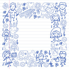 Vector pattern. Kindergarten and toys. Little children game. Kids playground. Education, creativity, imagination.