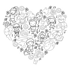 Vector pattern. Kindergarten and toys. Little children game. Kids playground. Education, creativity, imagination.