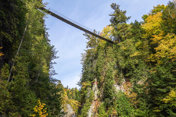 A suspension bridge crosses Saint Anne's Canyon near Quebec City, high up on the walls of the gorge, providing stunning views for those brave enough to cross it.
