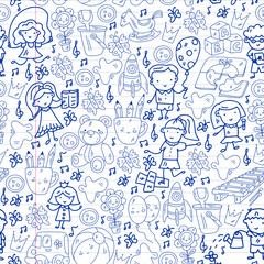 Vector pattern. Kindergarten and toys. Little children game. Kids playground. Education, creativity, imagination.