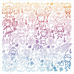 Vector pattern. Kindergarten and toys. Little children game. Kids playground. Education, creativity, imagination.