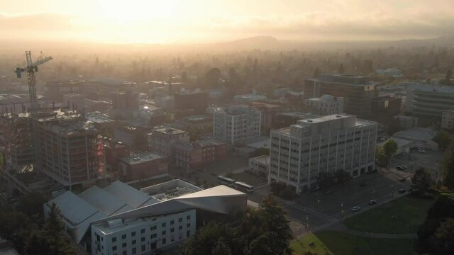 Aerial: Berkeley City Skyline At Sunset, California, USA