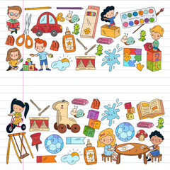 Children play with toys in the kindergarten. Kids playground. Education, creativity, imagination.