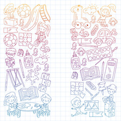 Children play with toys in the kindergarten. Kids playground. Education, creativity, imagination.