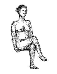 Doodle art illustration of a nude female human figure seated or sitting down viewed from front done in continuous line drawing style in black and white on isolated background.