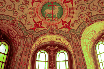 An interior view of the decorative ceiling in the Basilica of St. Anne de Beaupre, Quebec.