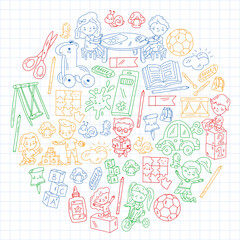 Children play with toys in the kindergarten. Kids playground. Education, creativity, imagination.