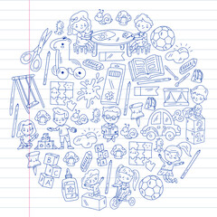 Children play with toys in the kindergarten. Kids playground. Education, creativity, imagination.